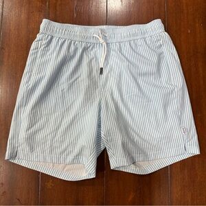 MAAMGIC Men’s Striped Swim Trunks Large Blue White Elastic Waist Lined Beach